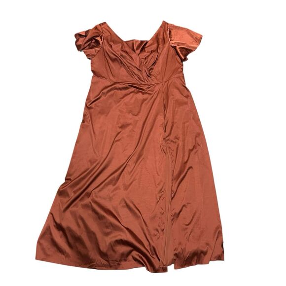 Plus Size 26 Rust Satin Wrap Maxi Dress Flutter Sleeve Slit Formal Evening Gown - Picture 3 of 10